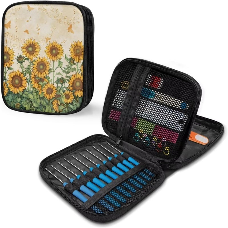 Vanideaoty Store Sunflower Crochet Hook Case Portable Knitting Needle Storage with Web Pockets Crochet Storage Organizer for Swing Hooks, Lighted Hooks, Needles and Accessories - Image 5